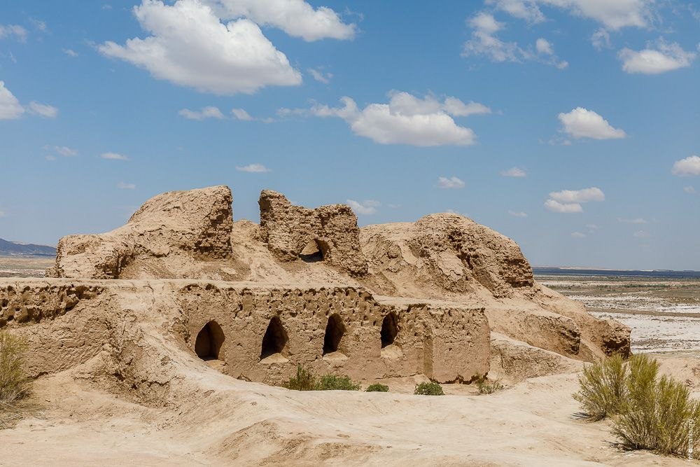 Khorezm desert fortress at sunset